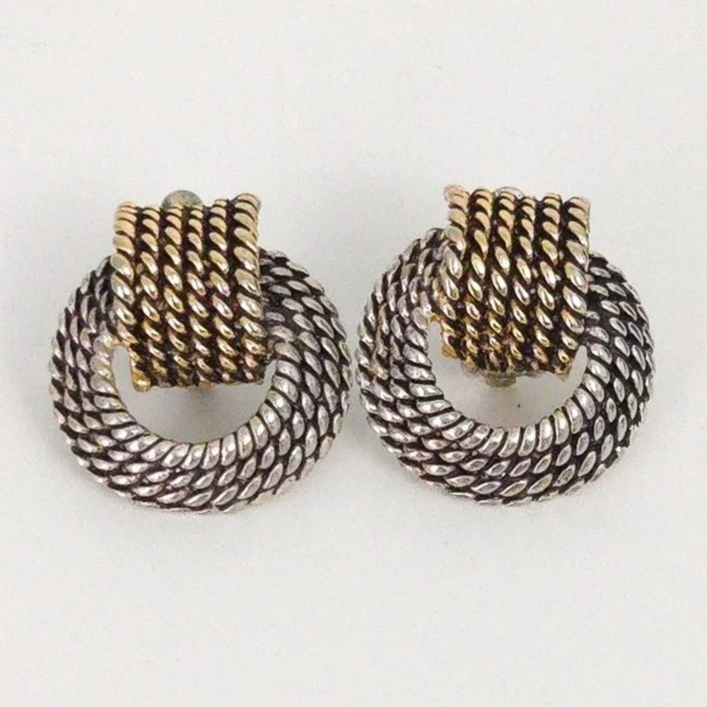 Vintage Gold & Silver Rope Cable Hoop Clip Earrings (Set‎ of 3)